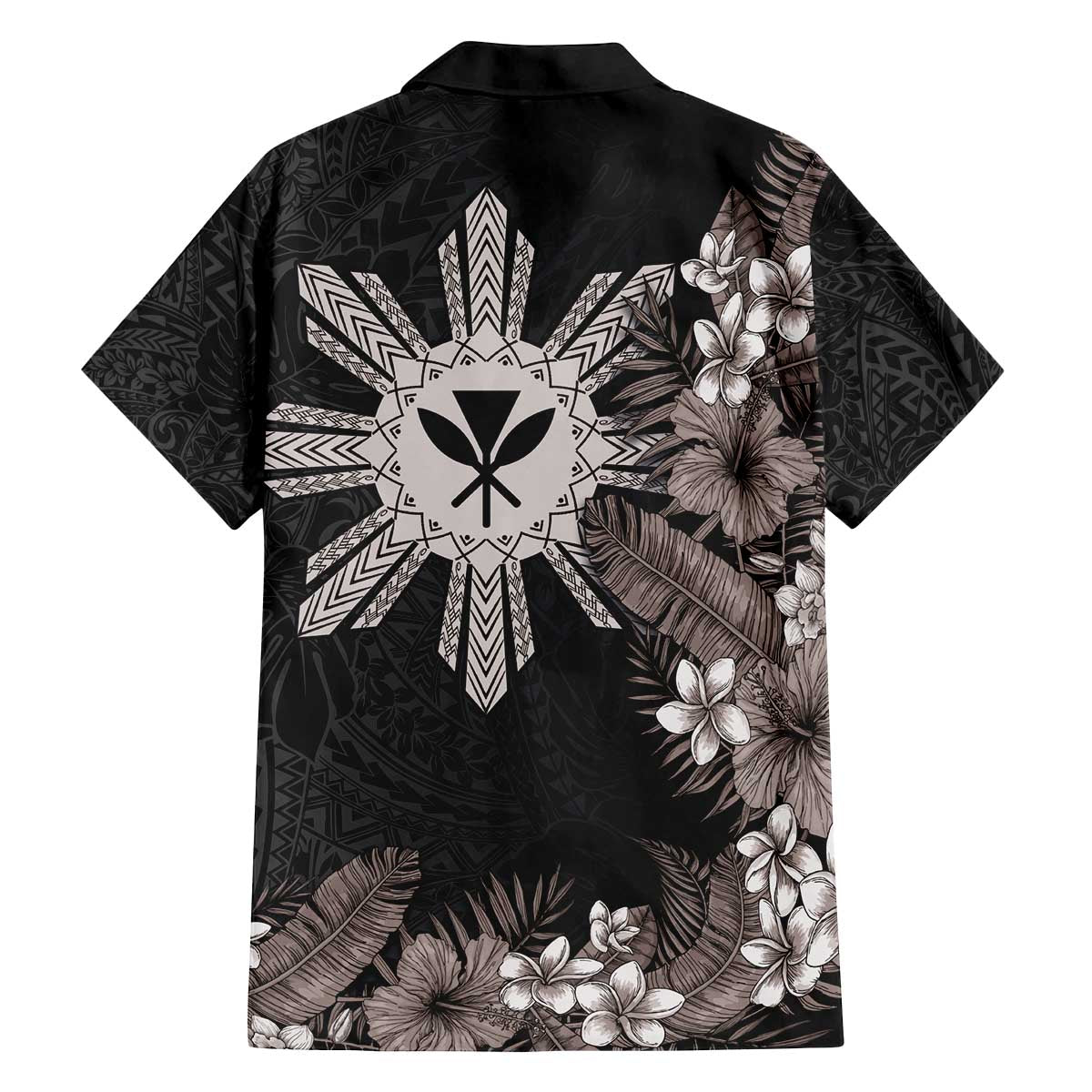 Tropical Hawaii and Philippines Family Matching Off The Shoulder Long Sleeve Dress and Hawaiian Shirt Kanaka Maoli and Sun Badge Batok Tattoo Grayscale LT03 - Polynesian Pride