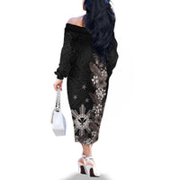 Tropical Hawaii and Philippines Family Matching Off The Shoulder Long Sleeve Dress and Hawaiian Shirt Kanaka Maoli and Sun Badge Batok Tattoo Grayscale LT03 - Polynesian Pride