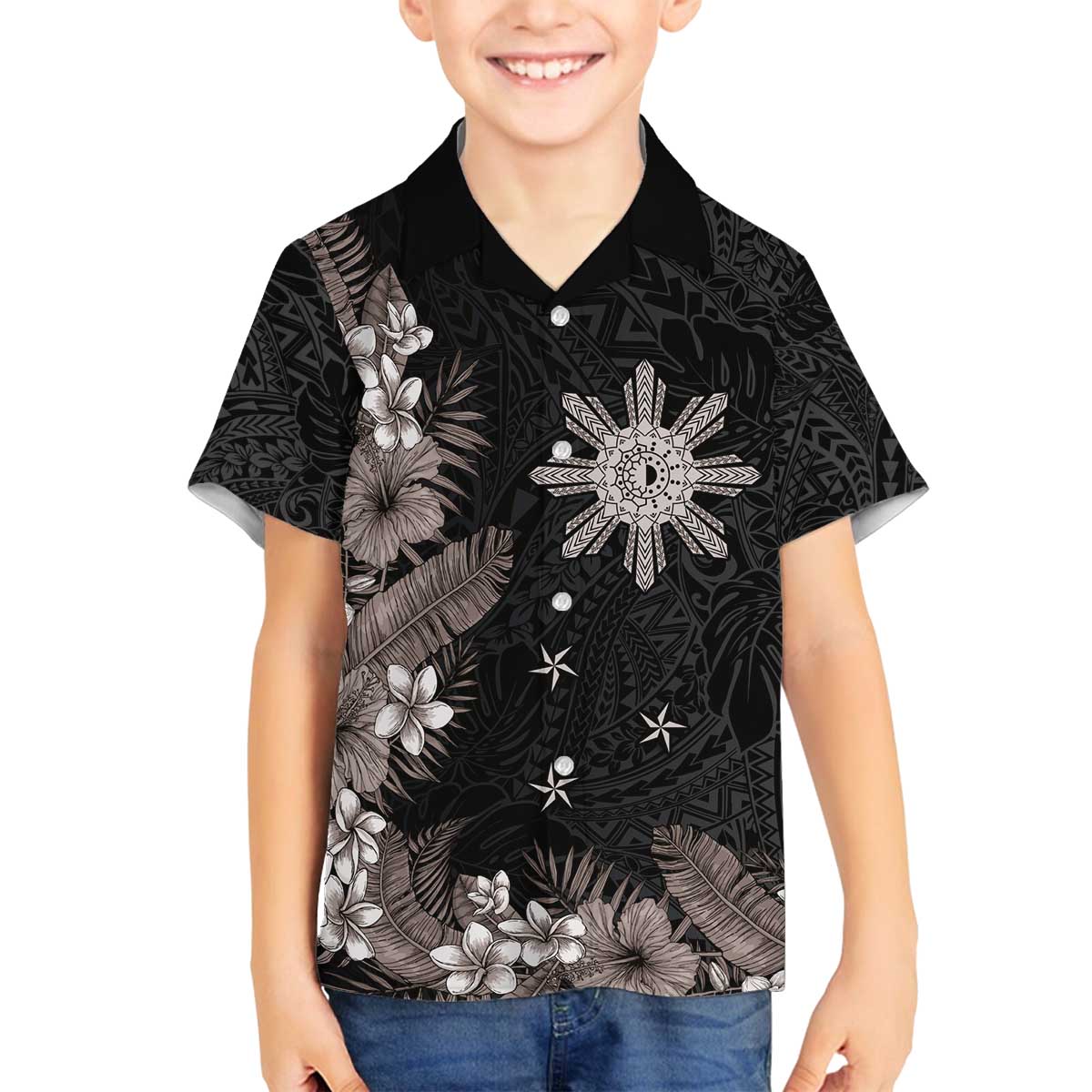 Tropical Hawaii and Philippines Family Matching Off The Shoulder Long Sleeve Dress and Hawaiian Shirt Kanaka Maoli and Sun Badge Batok Tattoo Grayscale LT03 Son's Shirt Black - Polynesian Pride