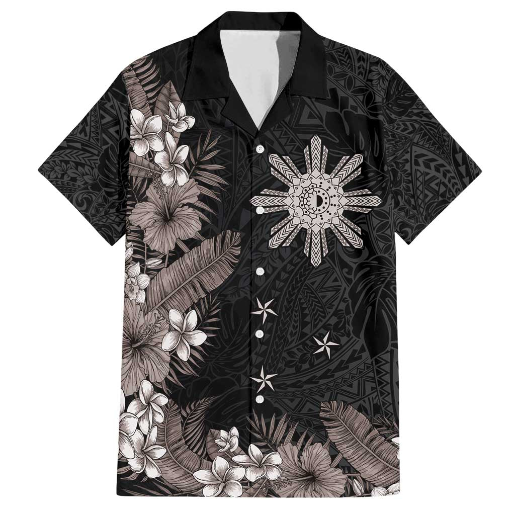 Tropical Hawaii and Philippines Family Matching Off Shoulder Maxi Dress and Hawaiian Shirt Kanaka Maoli and Sun Badge Batok Tattoo Grayscale LT03 Dad's Shirt - Short Sleeve Black - Polynesian Pride