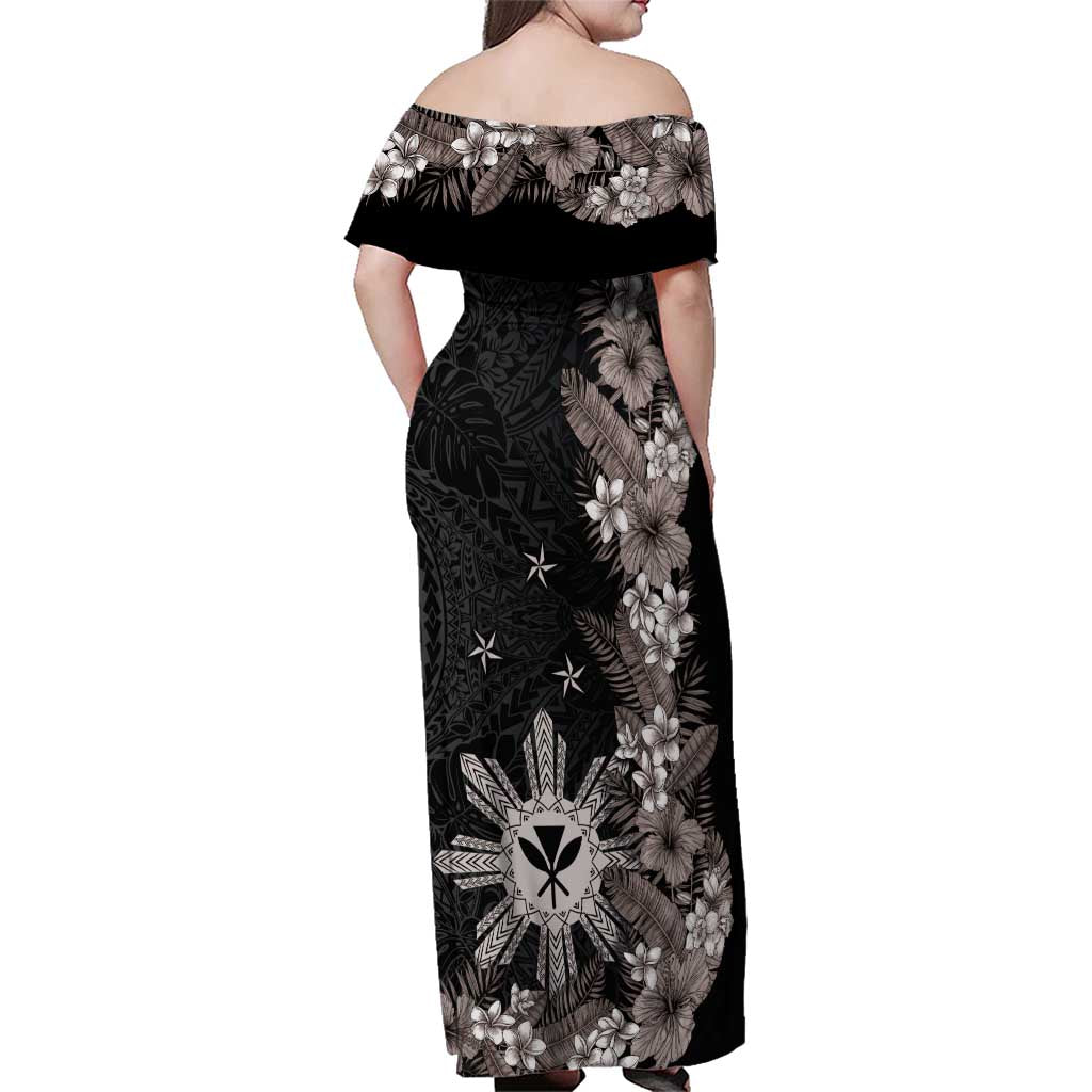 Tropical Hawaii and Philippines Family Matching Off Shoulder Maxi Dress and Hawaiian Shirt Kanaka Maoli and Sun Badge Batok Tattoo Grayscale LT03 - Polynesian Pride