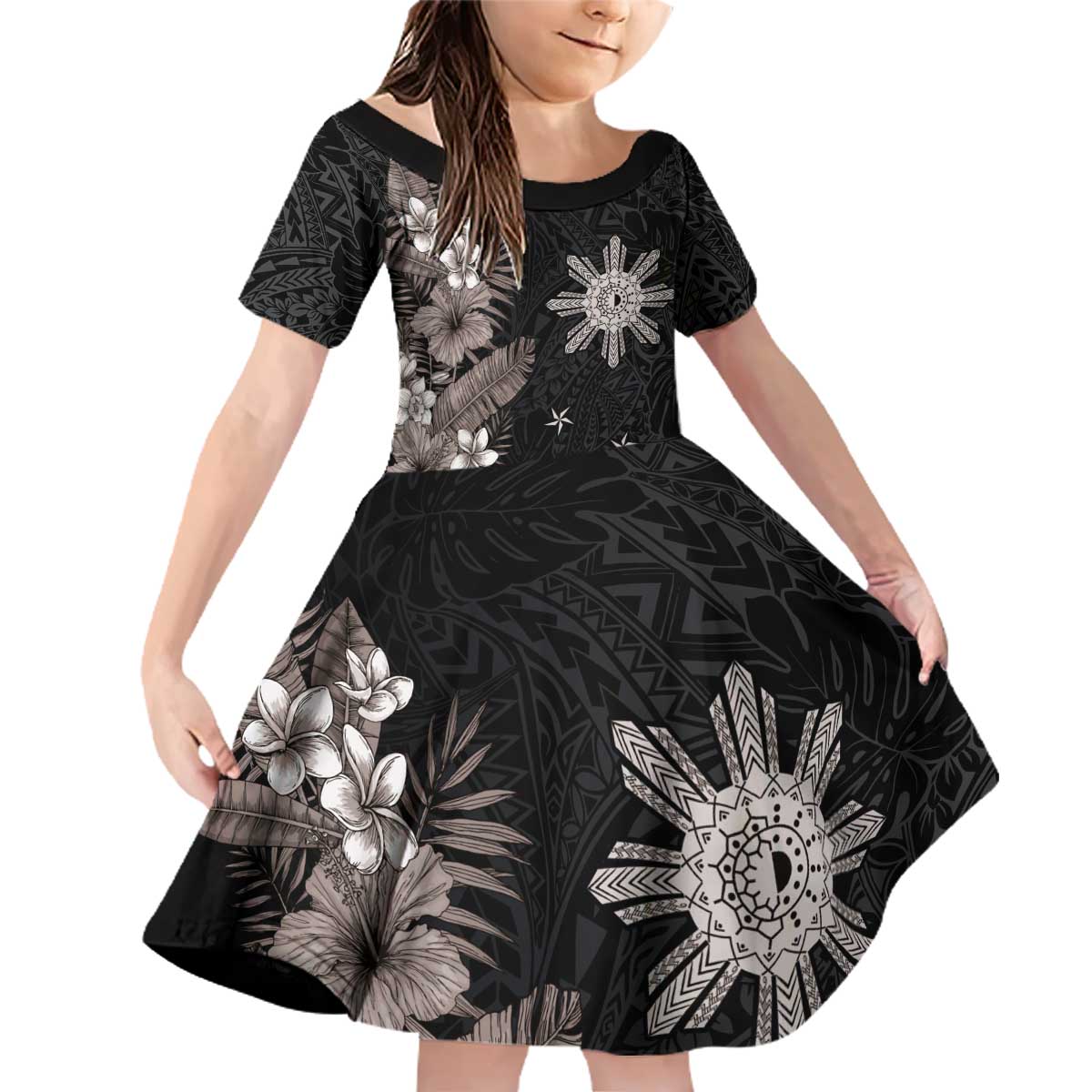 Tropical Hawaii and Philippines Family Matching Off Shoulder Short Dress and Hawaiian Shirt Kanaka Maoli and Sun Badge Batok Tattoo Grayscale LT03 Daughter's Dress Black - Polynesian Pride