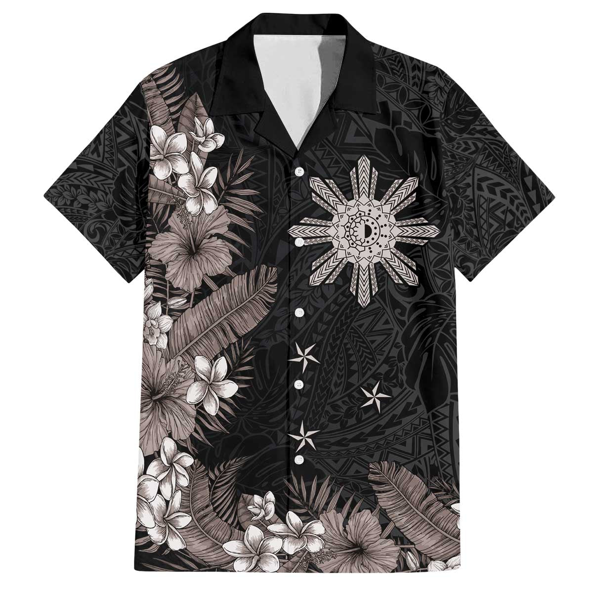 Tropical Hawaii and Philippines Family Matching Off Shoulder Short Dress and Hawaiian Shirt Kanaka Maoli and Sun Badge Batok Tattoo Grayscale LT03 Dad's Shirt - Short Sleeve Black - Polynesian Pride