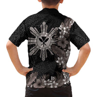 Tropical Hawaii and Philippines Family Matching Puletasi and Hawaiian Shirt Kanaka Maoli and Sun Badge Batok Tattoo Grayscale LT03 - Polynesian Pride