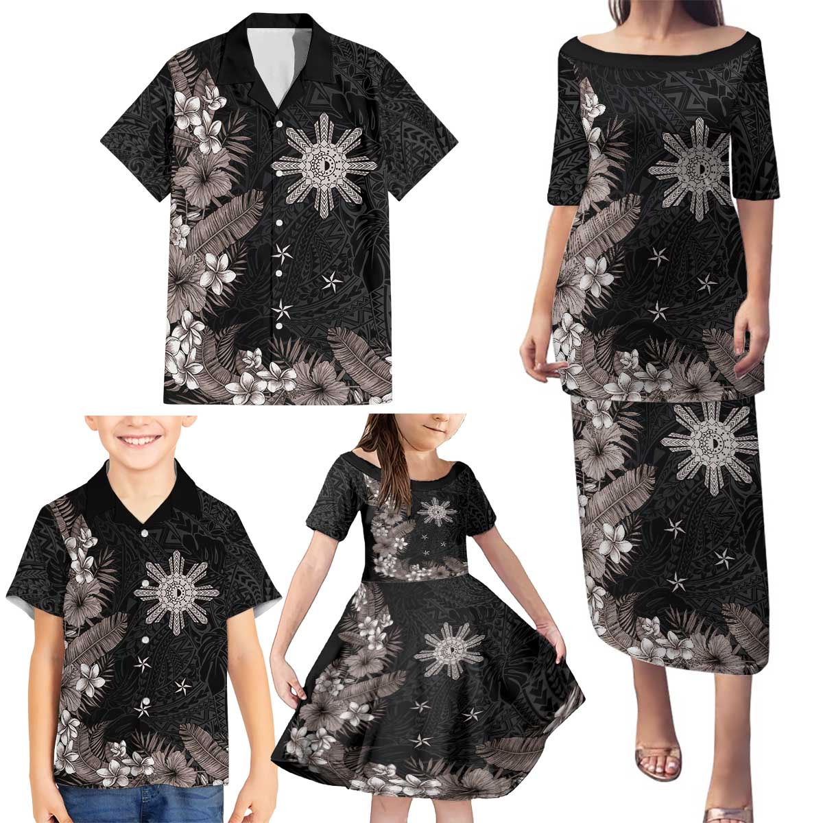 Tropical Hawaii and Philippines Family Matching Puletasi and Hawaiian Shirt Kanaka Maoli and Sun Badge Batok Tattoo Grayscale LT03 - Polynesian Pride