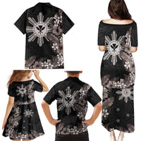 Tropical Hawaii and Philippines Family Matching Puletasi and Hawaiian Shirt Kanaka Maoli and Sun Badge Batok Tattoo Grayscale LT03 - Polynesian Pride