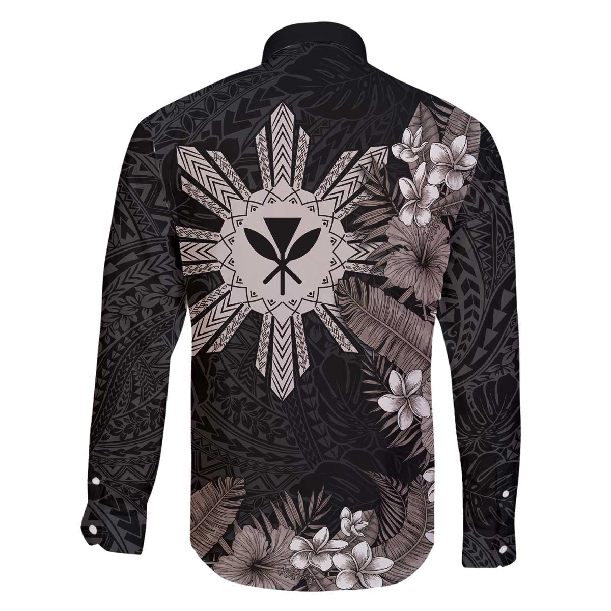 Tropical Hawaii and Philippines Family Matching Puletasi and Hawaiian Shirt Kanaka Maoli and Sun Badge Batok Tattoo Grayscale LT03 - Polynesian Pride