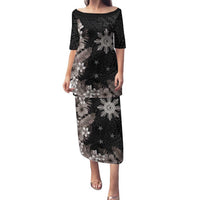 Tropical Hawaii and Philippines Family Matching Puletasi and Hawaiian Shirt Kanaka Maoli and Sun Badge Batok Tattoo Grayscale LT03 Mom's Dress Black - Polynesian Pride