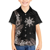 Tropical Hawaii and Philippines Family Matching Puletasi and Hawaiian Shirt Kanaka Maoli and Sun Badge Batok Tattoo Grayscale LT03 Son's Shirt Black - Polynesian Pride