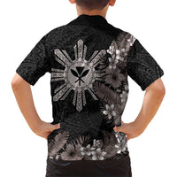 Tropical Hawaii and Philippines Family Matching Short Sleeve Bodycon Dress and Hawaiian Shirt Kanaka Maoli and Sun Badge Batok Tattoo Grayscale LT03 - Polynesian Pride