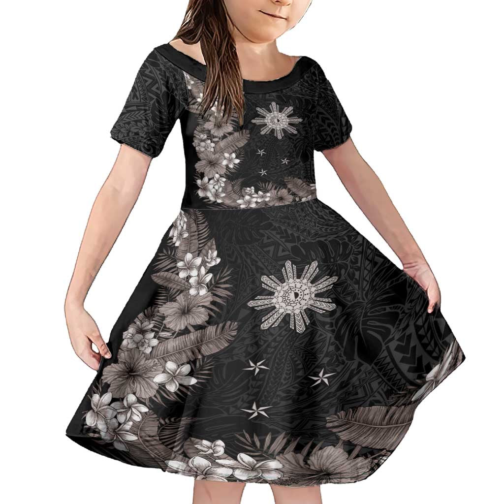 Tropical Hawaii and Philippines Family Matching Short Sleeve Bodycon Dress and Hawaiian Shirt Kanaka Maoli and Sun Badge Batok Tattoo Grayscale LT03 Daughter's Dress Black - Polynesian Pride
