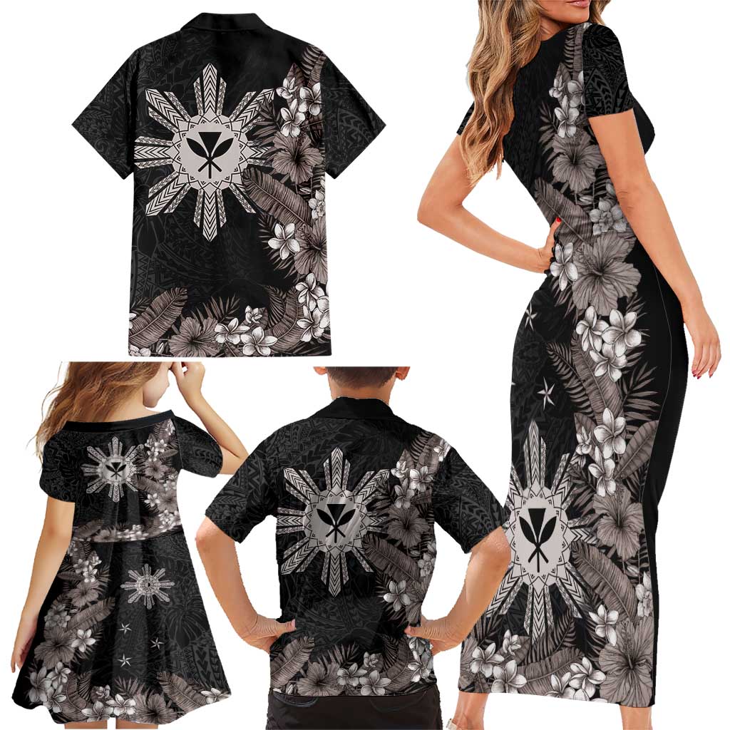Tropical Hawaii and Philippines Family Matching Short Sleeve Bodycon Dress and Hawaiian Shirt Kanaka Maoli and Sun Badge Batok Tattoo Grayscale LT03 - Polynesian Pride