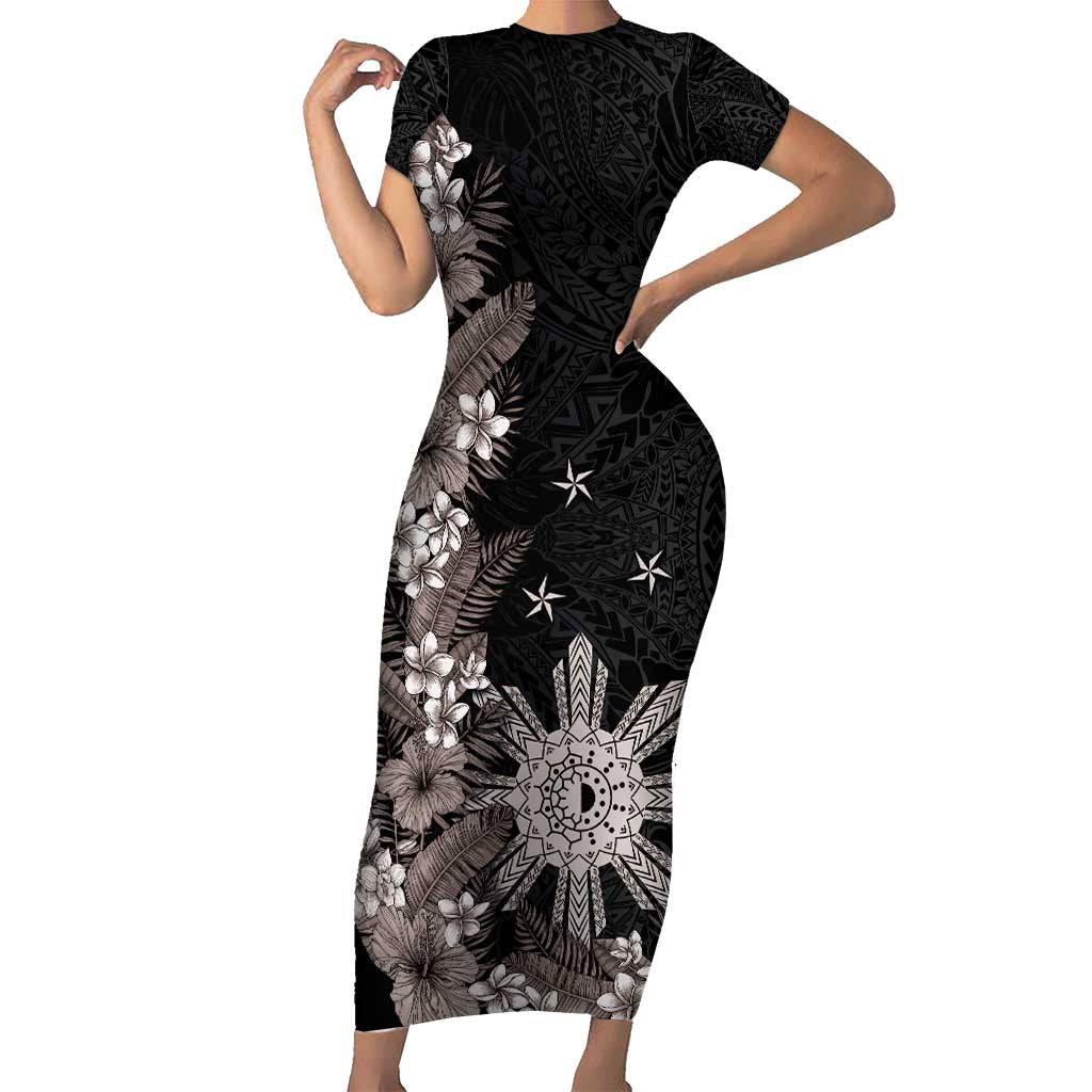 Tropical Hawaii and Philippines Family Matching Short Sleeve Bodycon Dress and Hawaiian Shirt Kanaka Maoli and Sun Badge Batok Tattoo Grayscale LT03 Mom's Dress Black - Polynesian Pride