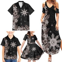 Tropical Hawaii and Philippines Family Matching Summer Maxi Dress and Hawaiian Shirt Kanaka Maoli and Sun Badge Batok Tattoo Grayscale LT03 - Polynesian Pride