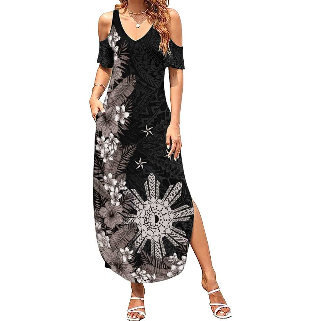 Tropical Hawaii and Philippines Family Matching Summer Maxi Dress and Hawaiian Shirt Kanaka Maoli and Sun Badge Batok Tattoo Grayscale LT03 Mom's Dress Black - Polynesian Pride