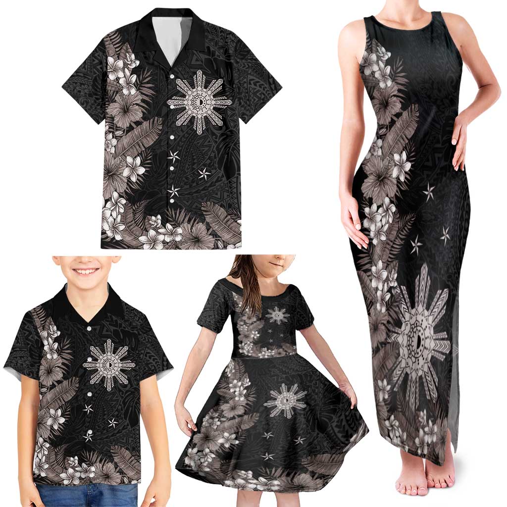 Tropical Hawaii and Philippines Family Matching Tank Maxi Dress and Hawaiian Shirt Kanaka Maoli and Sun Badge Batok Tattoo Grayscale LT03 - Polynesian Pride