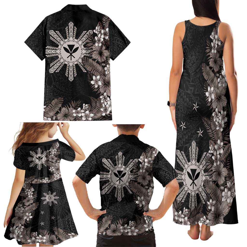 Tropical Hawaii and Philippines Family Matching Tank Maxi Dress and Hawaiian Shirt Kanaka Maoli and Sun Badge Batok Tattoo Grayscale LT03 - Polynesian Pride