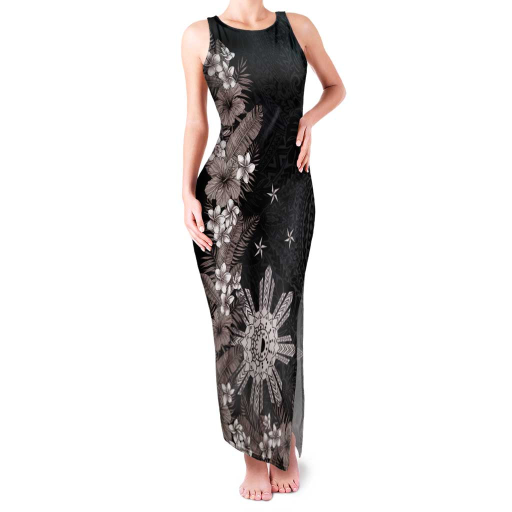 Tropical Hawaii and Philippines Family Matching Tank Maxi Dress and Hawaiian Shirt Kanaka Maoli and Sun Badge Batok Tattoo Grayscale LT03 Mom's Dress Black - Polynesian Pride