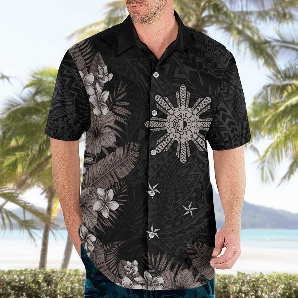 Tropical Hawaii and Philippines Hawaiian Shirt Kanaka Maoli and Sun Badge Batok Tattoo Grayscale LT03 - Polynesian Pride