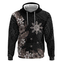 Tropical Hawaii and Philippines Hoodie Kanaka Maoli and Sun Badge Batok Tattoo Grayscale LT03 Pullover Hoodie Black - Polynesian Pride