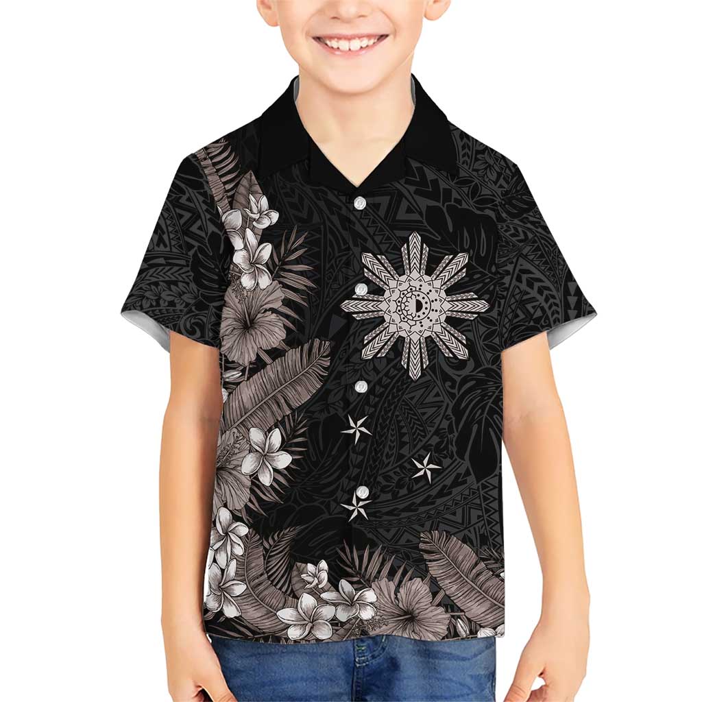 Tropical Hawaii and Philippines Kid Hawaiian Shirt Kanaka Maoli and Sun Badge Batok Tattoo Grayscale LT03 Kid Black - Polynesian Pride