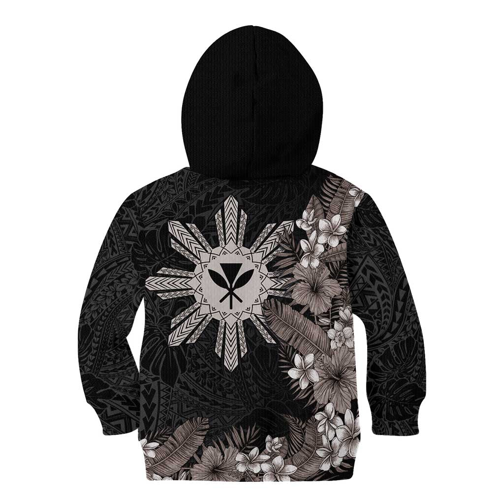 Tropical Hawaii and Philippines Kid Hoodie Kanaka Maoli and Sun Badge Batok Tattoo Grayscale LT03 - Polynesian Pride