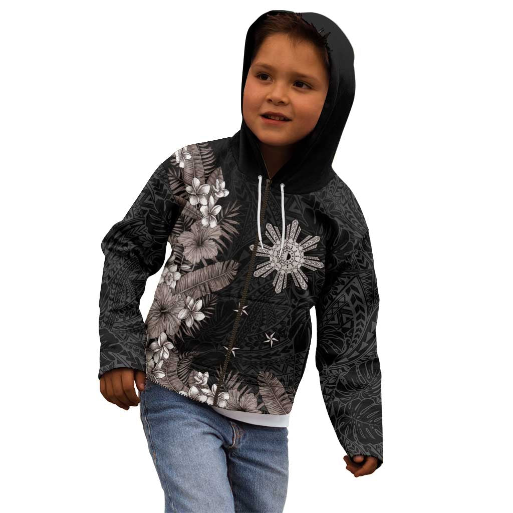 Tropical Hawaii and Philippines Kid Hoodie Kanaka Maoli and Sun Badge Batok Tattoo Grayscale LT03 - Polynesian Pride