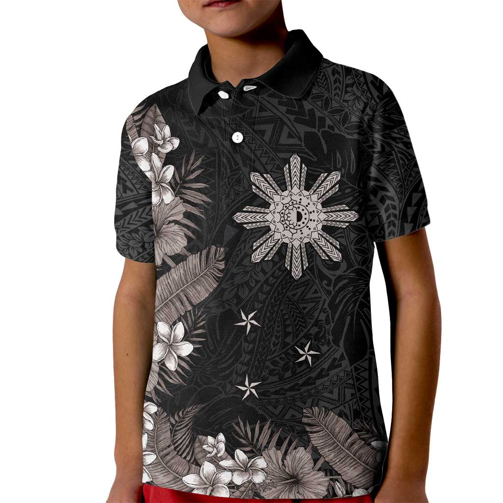 Tropical Hawaii and Philippines Kid Polo Shirt Kanaka Maoli and Sun Badge Batok Tattoo Grayscale LT03 Kid Black - Polynesian Pride