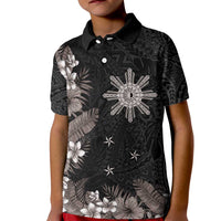 Tropical Hawaii and Philippines Kid Polo Shirt Kanaka Maoli and Sun Badge Batok Tattoo Grayscale LT03 Kid Black - Polynesian Pride