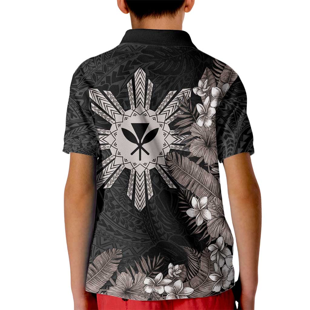 Tropical Hawaii and Philippines Kid Polo Shirt Kanaka Maoli and Sun Badge Batok Tattoo Grayscale LT03 - Polynesian Pride