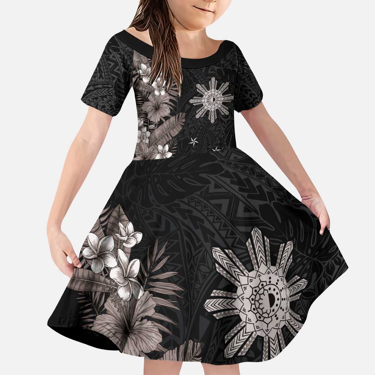 Tropical Hawaii and Philippines Kid Short Sleeve Dress Kanaka Maoli and Sun Badge Batok Tattoo Grayscale LT03 KID Black - Polynesian Pride