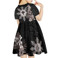 Tropical Hawaii and Philippines Kid Short Sleeve Dress Kanaka Maoli and Sun Badge Batok Tattoo Grayscale LT03 - Polynesian Pride
