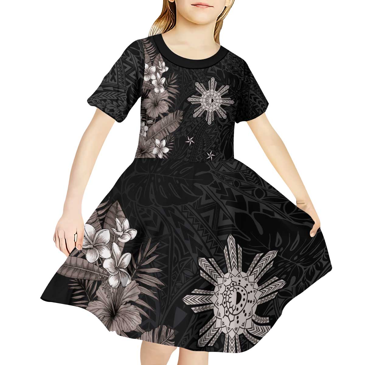 Tropical Hawaii and Philippines Kid Short Sleeve Dress Kanaka Maoli and Sun Badge Batok Tattoo Grayscale LT03 - Polynesian Pride