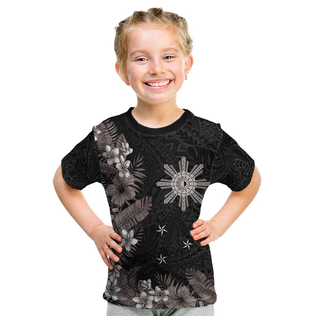 Tropical Hawaii and Philippines Kid T Shirt Kanaka Maoli and Sun Badge Batok Tattoo Grayscale LT03 Black - Polynesian Pride