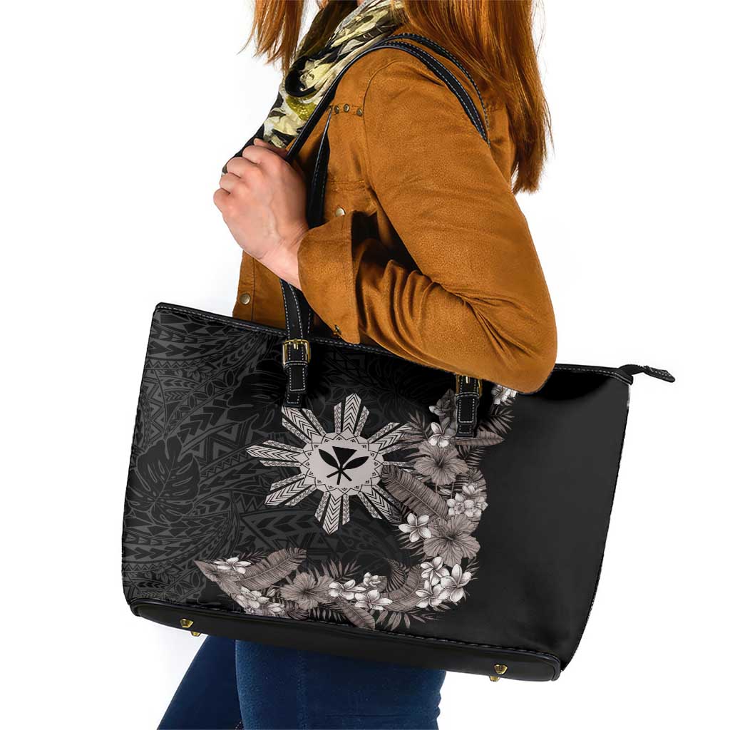 Tropical Hawaii and Philippines Leather Tote Bag Kanaka Maoli and Sun Badge Batok Tattoo Grayscale LT03 Black - Polynesian Pride