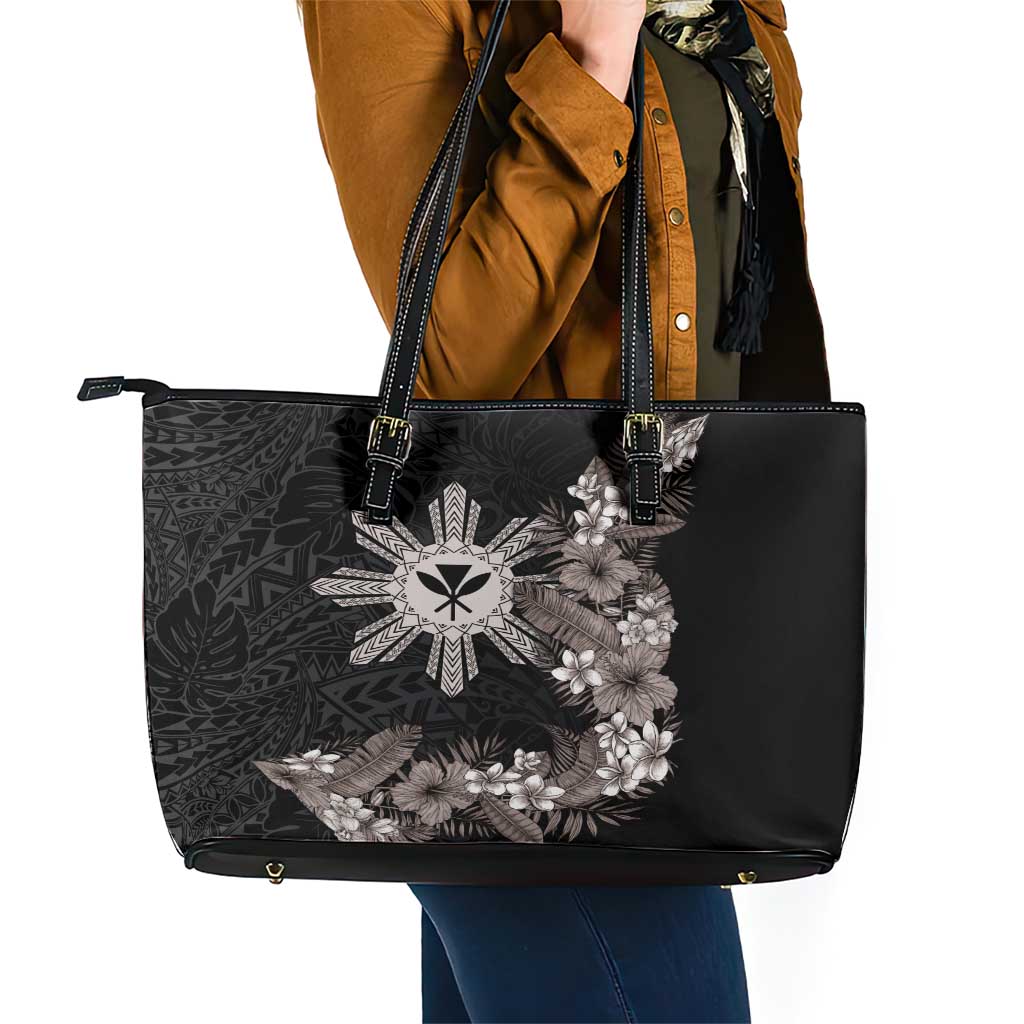 Tropical Hawaii and Philippines Leather Tote Bag Kanaka Maoli and Sun Badge Batok Tattoo Grayscale LT03 - Polynesian Pride
