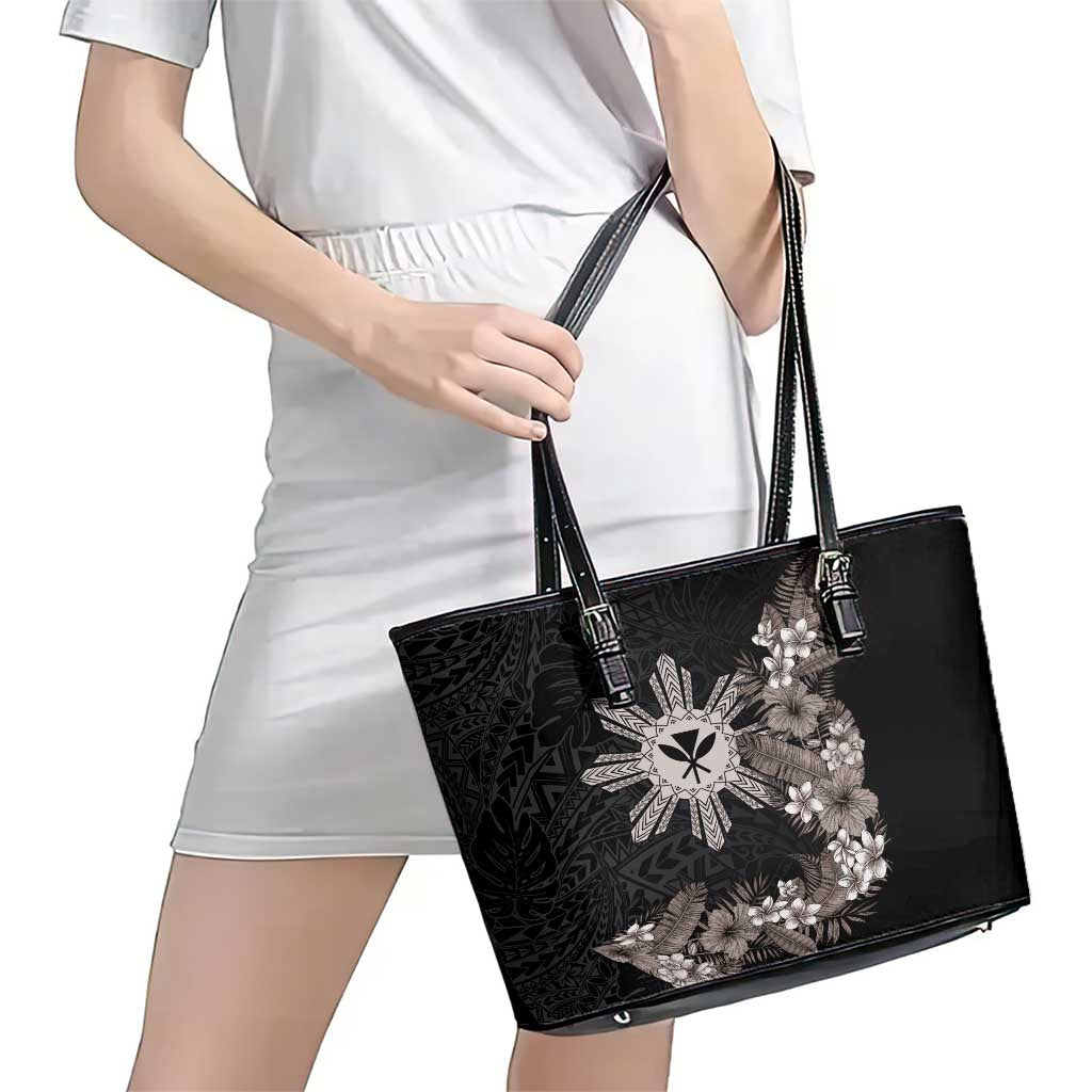 Tropical Hawaii and Philippines Leather Tote Bag Kanaka Maoli and Sun Badge Batok Tattoo Grayscale LT03 - Polynesian Pride