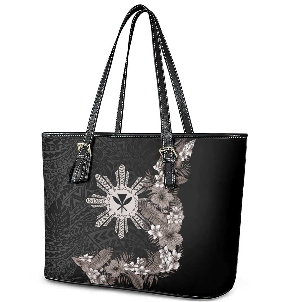 Tropical Hawaii and Philippines Leather Tote Bag Kanaka Maoli and Sun Badge Batok Tattoo Grayscale LT03 - Polynesian Pride
