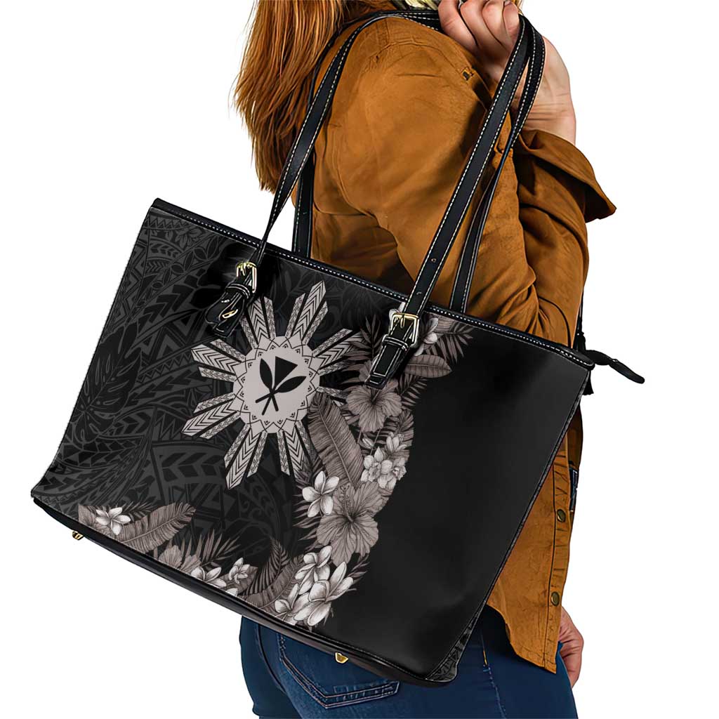 Tropical Hawaii and Philippines Leather Tote Bag Kanaka Maoli and Sun Badge Batok Tattoo Grayscale LT03 - Polynesian Pride