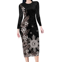 Tropical Hawaii and Philippines Long Sleeve Bodycon Dress Kanaka Maoli and Sun Badge Batok Tattoo Grayscale LT03 Long Dress Black - Polynesian Pride