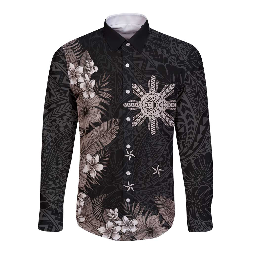 Tropical Hawaii and Philippines Long Sleeve Button Shirt Kanaka Maoli and Sun Badge Batok Tattoo Grayscale LT03 Unisex Black - Polynesian Pride