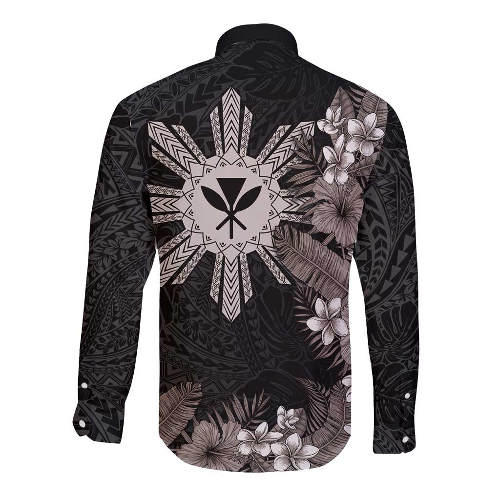Tropical Hawaii and Philippines Long Sleeve Button Shirt Kanaka Maoli and Sun Badge Batok Tattoo Grayscale LT03 - Polynesian Pride