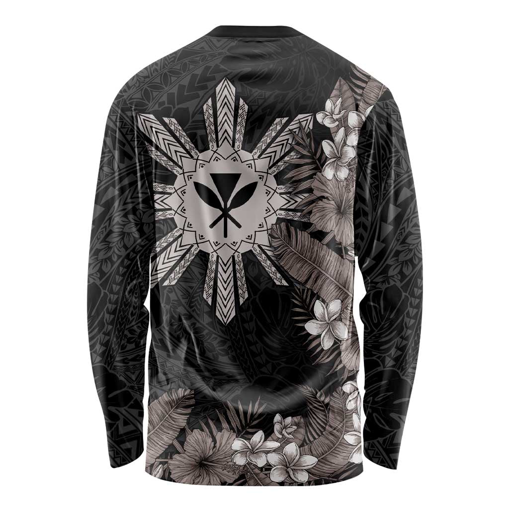 Tropical Hawaii and Philippines Long Sleeve Shirt Kanaka Maoli and Sun Badge Batok Tattoo Grayscale LT03 - Polynesian Pride