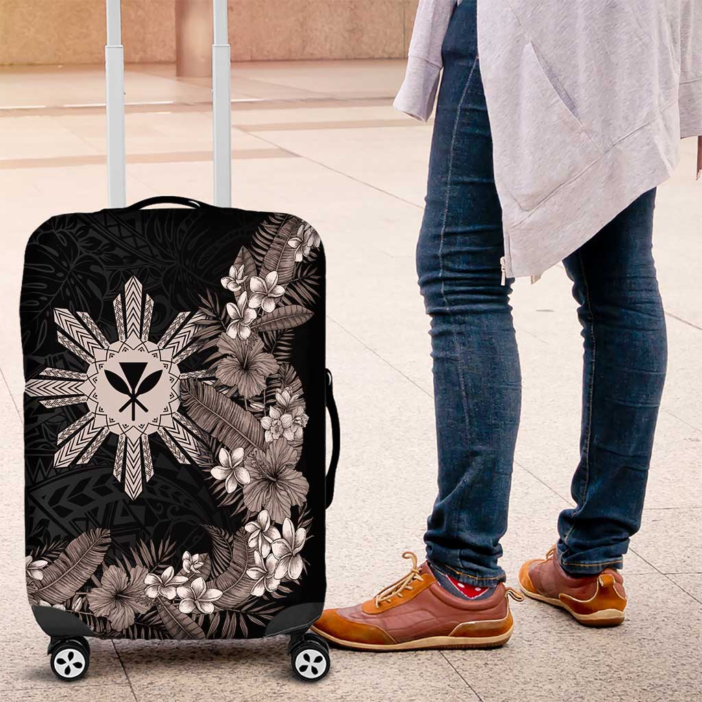 Tropical Hawaii and Philippines Luggage Cover Kanaka Maoli and Sun Badge Batok Tattoo Grayscale LT03 Black - Polynesian Pride