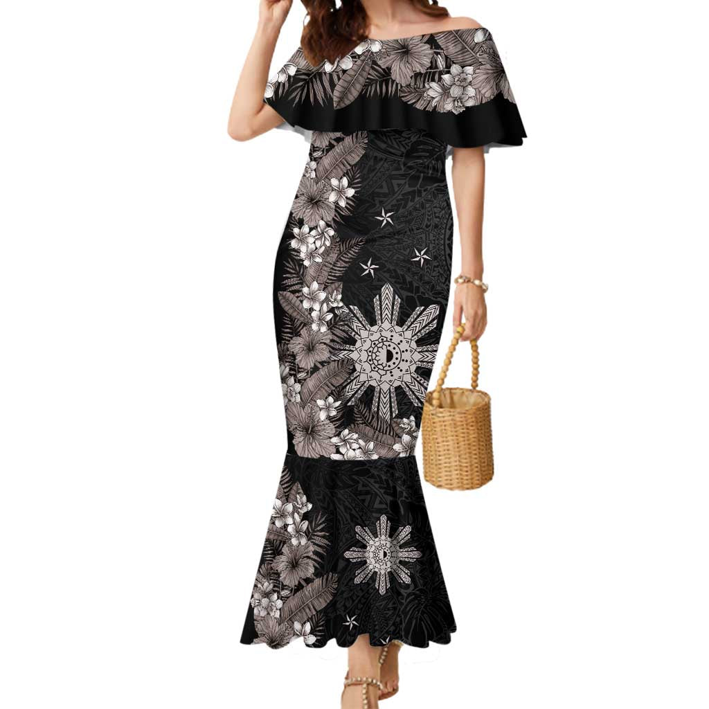 Tropical Hawaii and Philippines Mermaid Dress Kanaka Maoli and Sun Badge Batok Tattoo Grayscale LT03 Women Black - Polynesian Pride