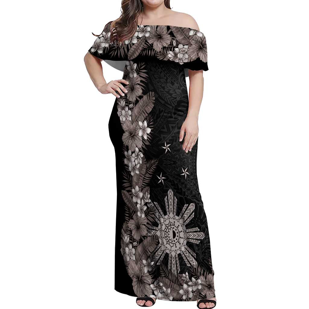 Tropical Hawaii and Philippines Off Shoulder Maxi Dress Kanaka Maoli and Sun Badge Batok Tattoo Grayscale LT03 Women Black - Polynesian Pride