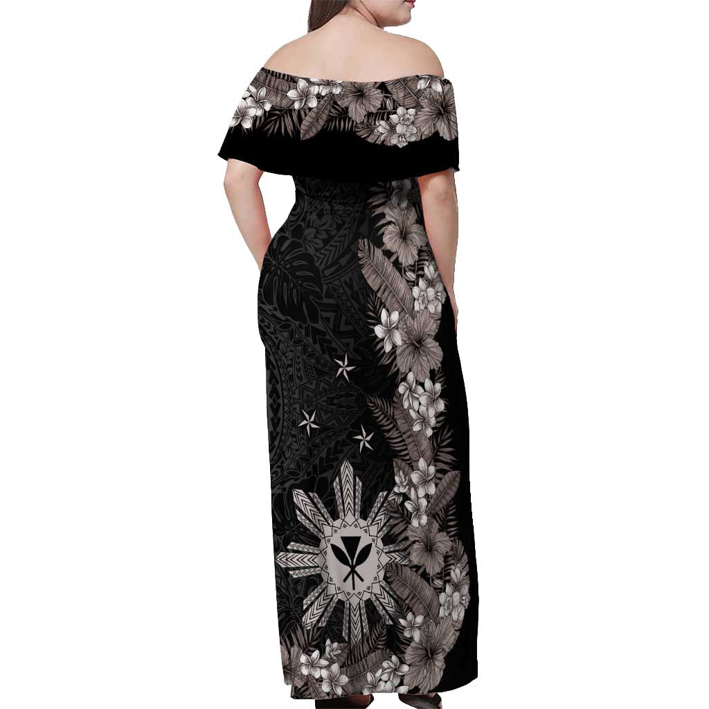Tropical Hawaii and Philippines Off Shoulder Maxi Dress Kanaka Maoli and Sun Badge Batok Tattoo Grayscale LT03 - Polynesian Pride