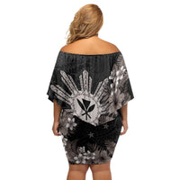 Tropical Hawaii and Philippines Off Shoulder Short Dress Kanaka Maoli and Sun Badge Batok Tattoo Grayscale LT03 - Polynesian Pride