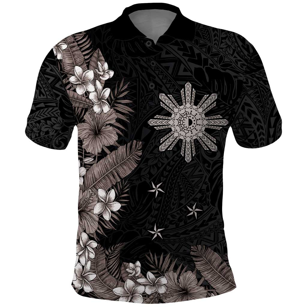 Tropical Hawaii and Philippines Polo Shirt Kanaka Maoli and Sun Badge Batok Tattoo Grayscale LT03 Black - Polynesian Pride