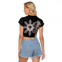 Tropical Hawaii and Philippines Raglan Cropped T Shirt Kanaka Maoli and Sun Badge Batok Tattoo Grayscale LT03 - Polynesian Pride